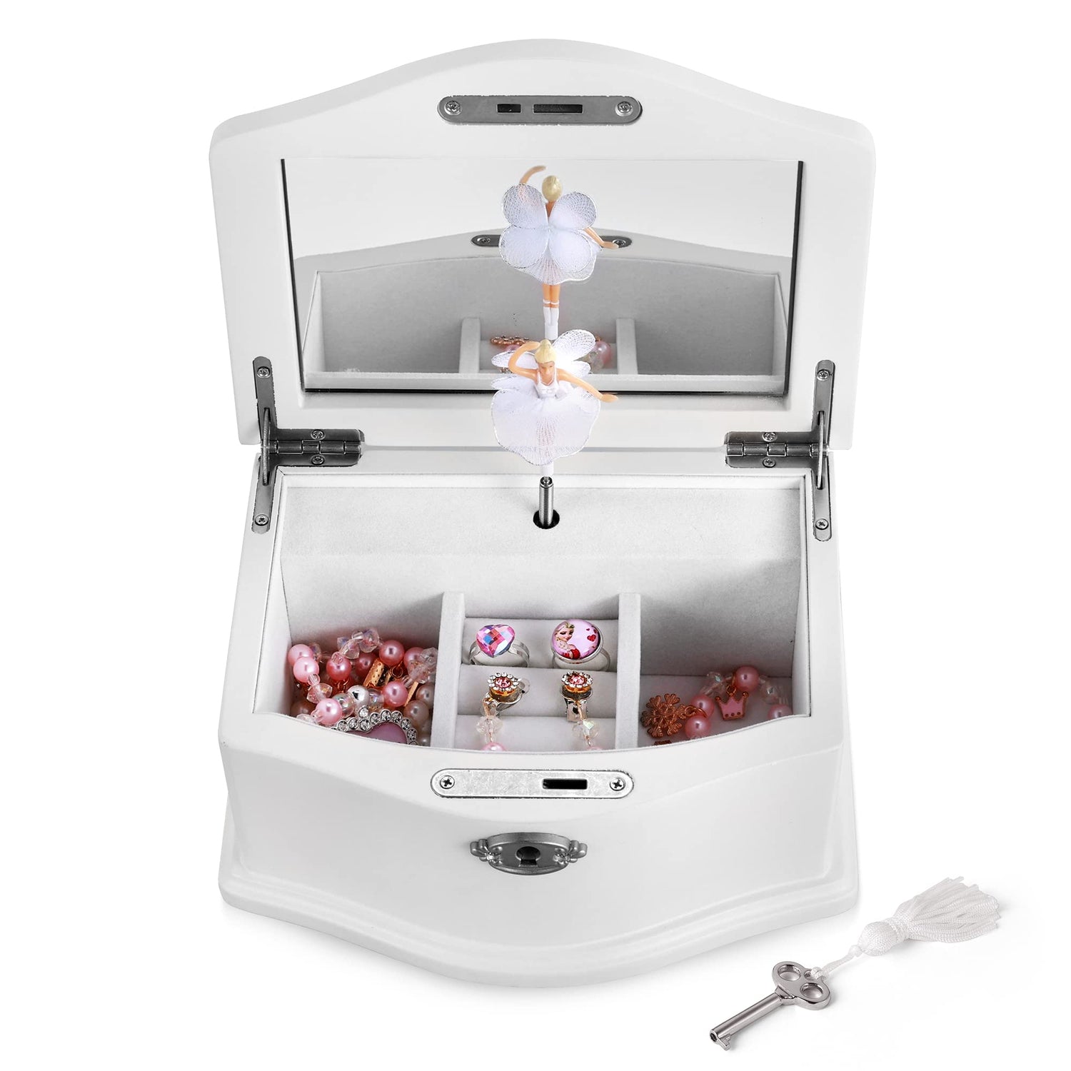 Jozen Gift Wooden Ballerina Medium White Musical Jewelry Box with Mirror for girls，Kid's Jewelry Storage Music Box Jozen Gift