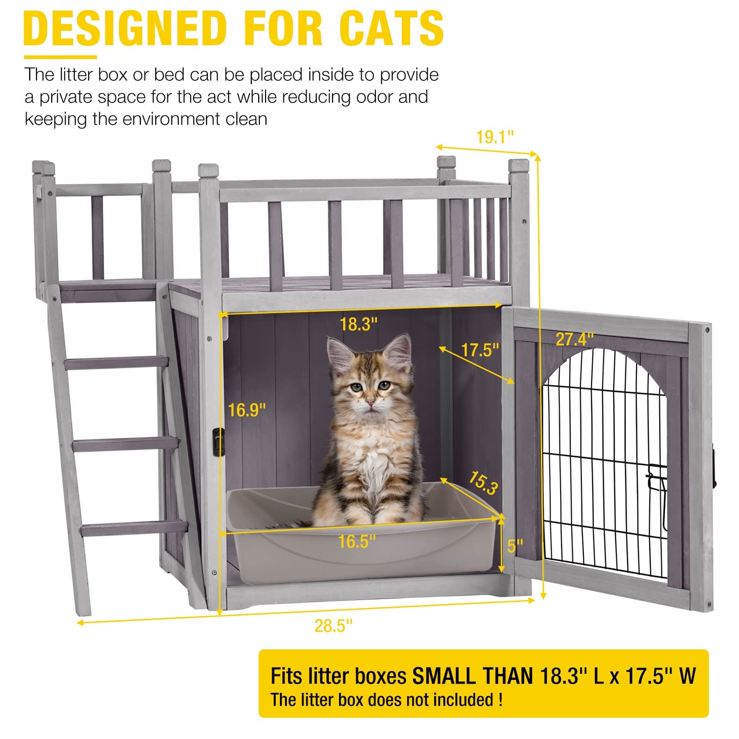 Aivituvin Cat House Outdoor with Lockable Wire Door, Wooden Dog Shelter Indoor Cat Condo Kitty Enclosure with Balcony, Stair Aivituvin