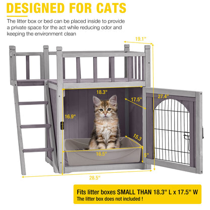 Aivituvin Cat House Outdoor with Lockable Wire Door, Wooden Dog Shelter Indoor Cat Condo Kitty Enclosure with Balcony, Stair - WoodArtSupply