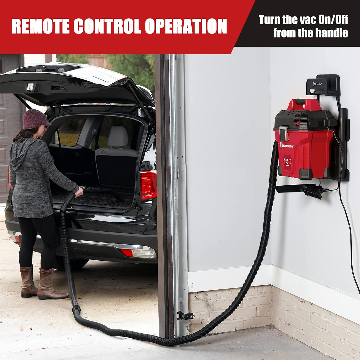 Vacmaster VWMB508 1101 5 Gallon Wall-Mount Wet/Dry Vacuum with Remote Control Operation Red Vacmaster