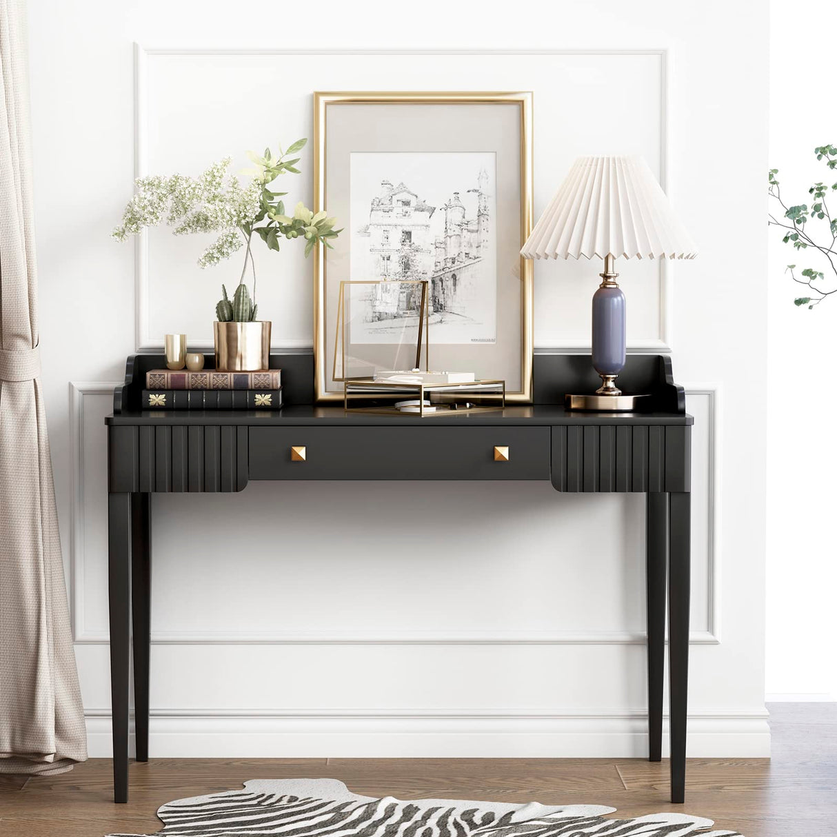 ukorua Black Vanity Desk Wooden Desk with Drawer Modern Desk Computer Desk White Makeup Table with Gold Handle ukorua