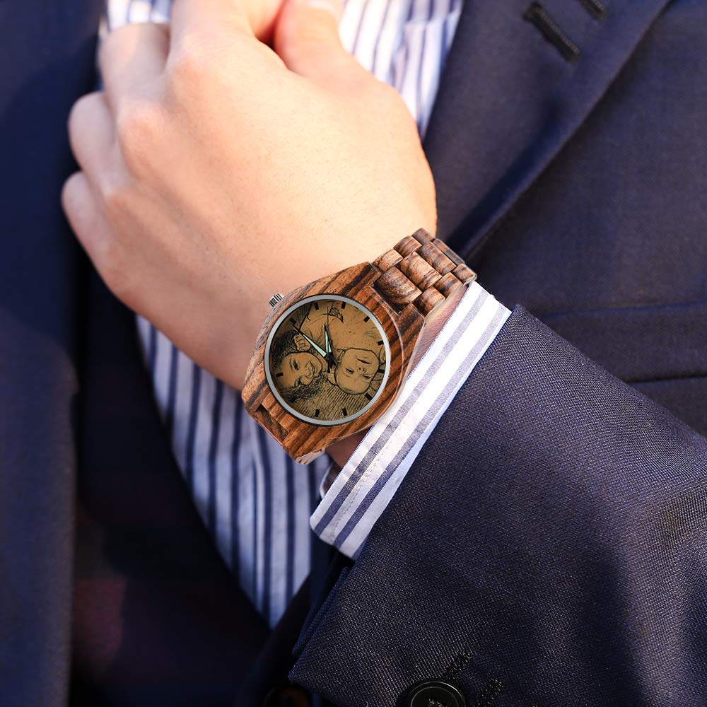 Godchoices Personalized Photo Wood Watch Engraved Text Double-Sided Custom Wrist Watch for Men Father Fiance Groomsmen Gifts Ideas Anniversary Godchoices