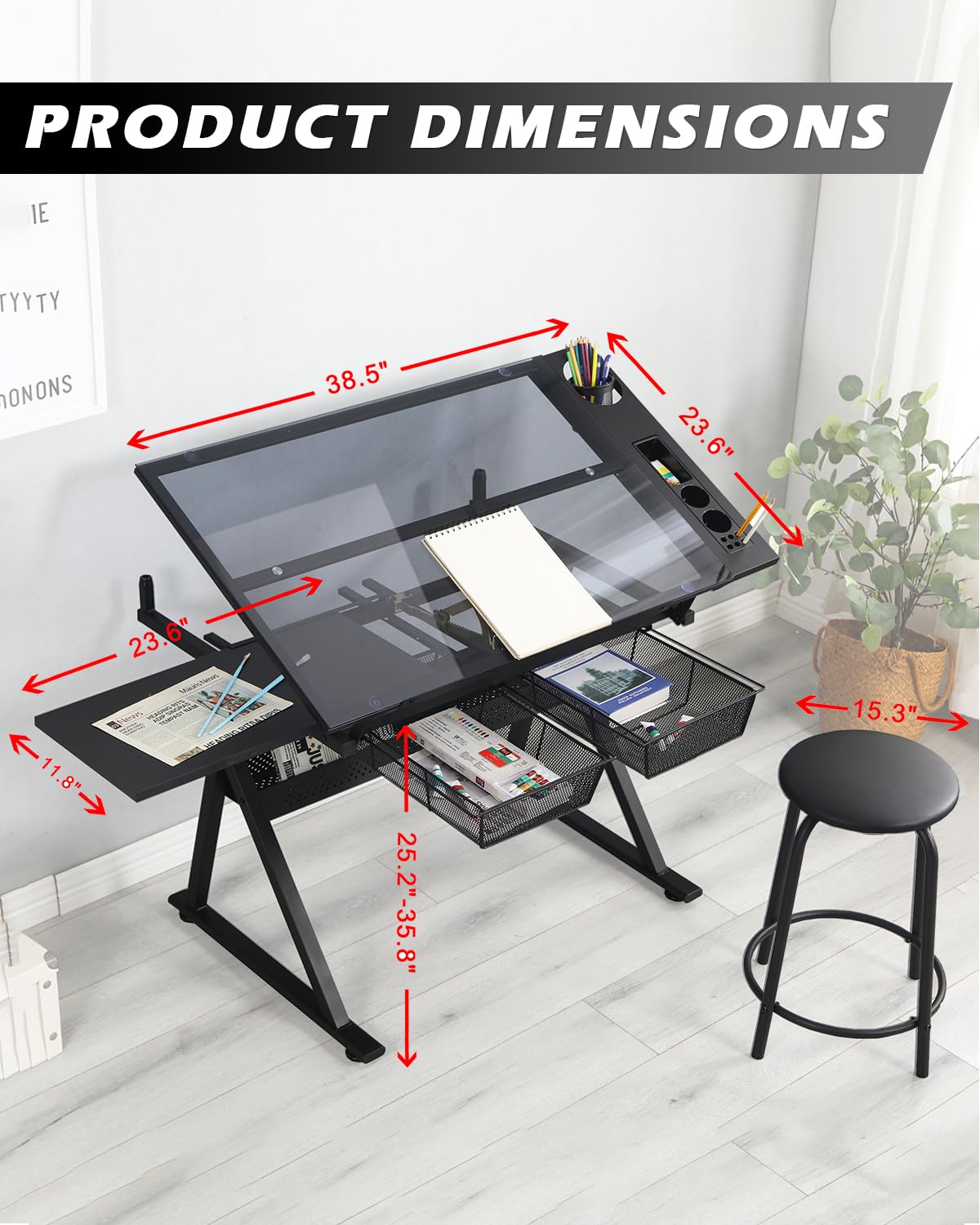 Drafting Table Adjustable Art Desk - LifeSky Artist Drawing Table Glass Top with Stool Black