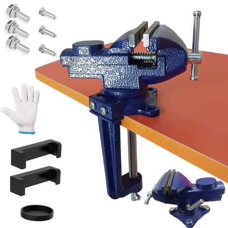 2-in-1 Dual-Purpose Combined Bench Vise or Table Vise, With end-point locking device, Portable Universal Rotate 360° Work Clamp-On Vise, 2.5" Blue Jingqis