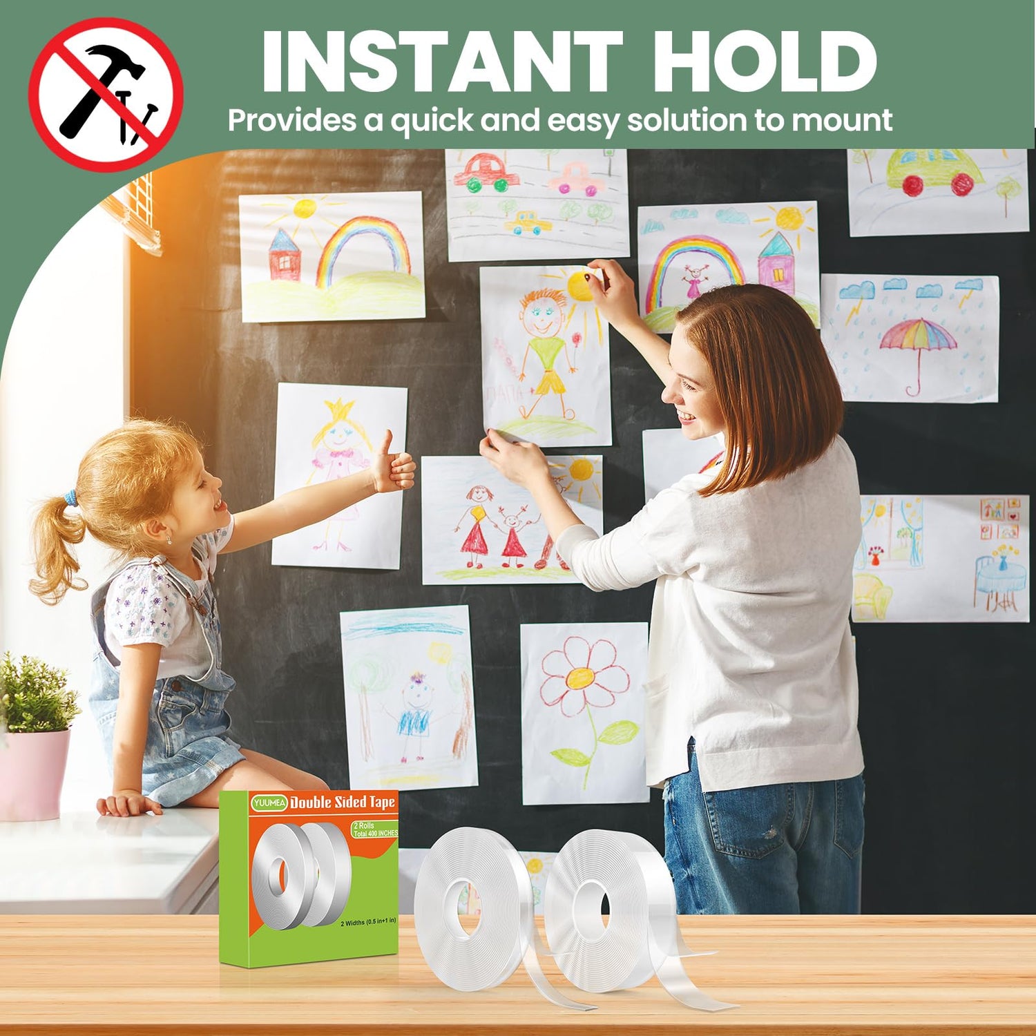 YUUMEA Double Sided Tape, Nano Mounting Tape Heavy Duty (2 Sizes, Total 400 INCHES), Clear Two Sided Wall Tape, Removable Picture Hanging Adhesive YUUMEA