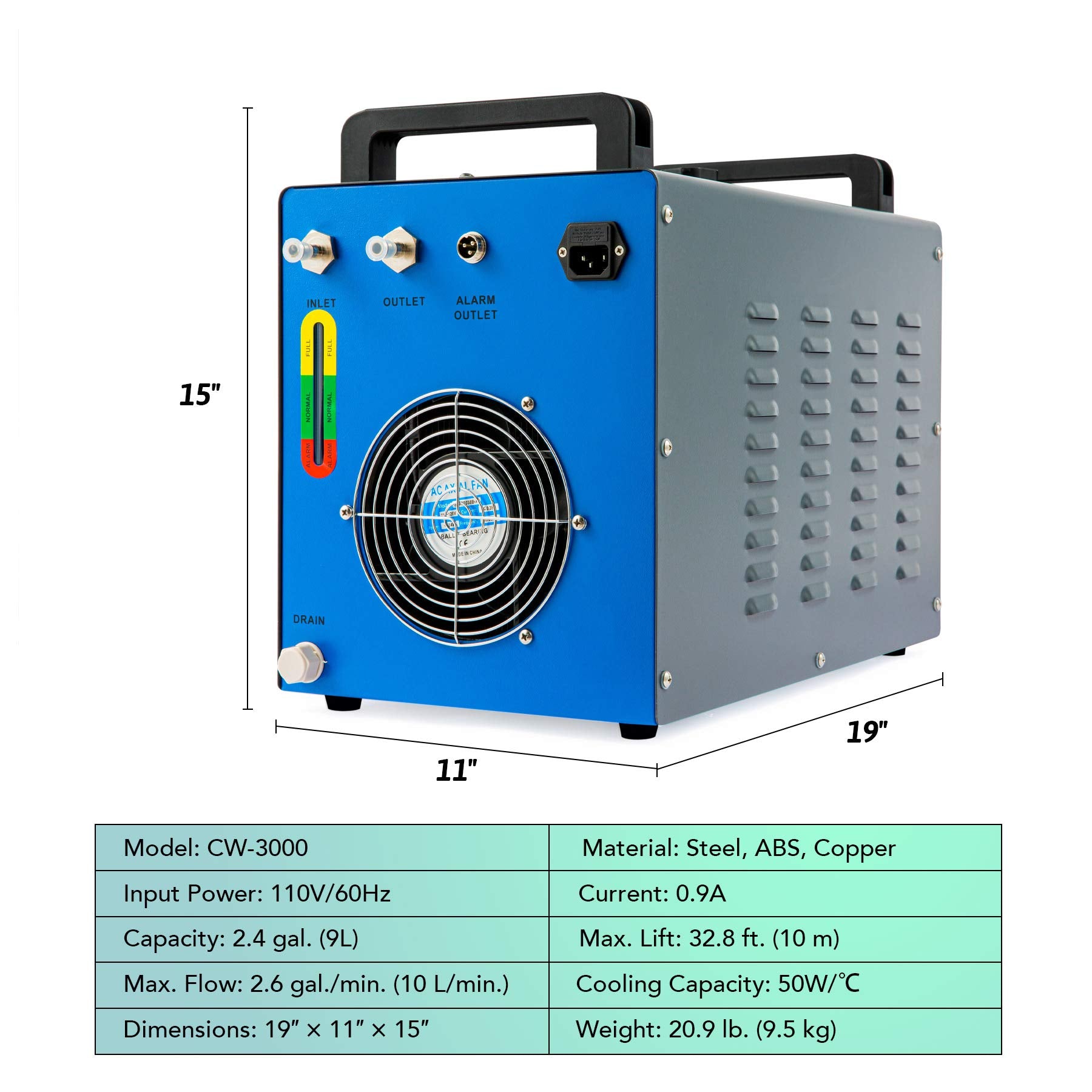 OMTECH 9L Industrial Water Chiller 2.6gpm Water Cooling System CW-3000 Water Cooler for 40W K40 CO2 Laser Engraving & Cutting Machines, Radiates 50W - WoodArtSupply