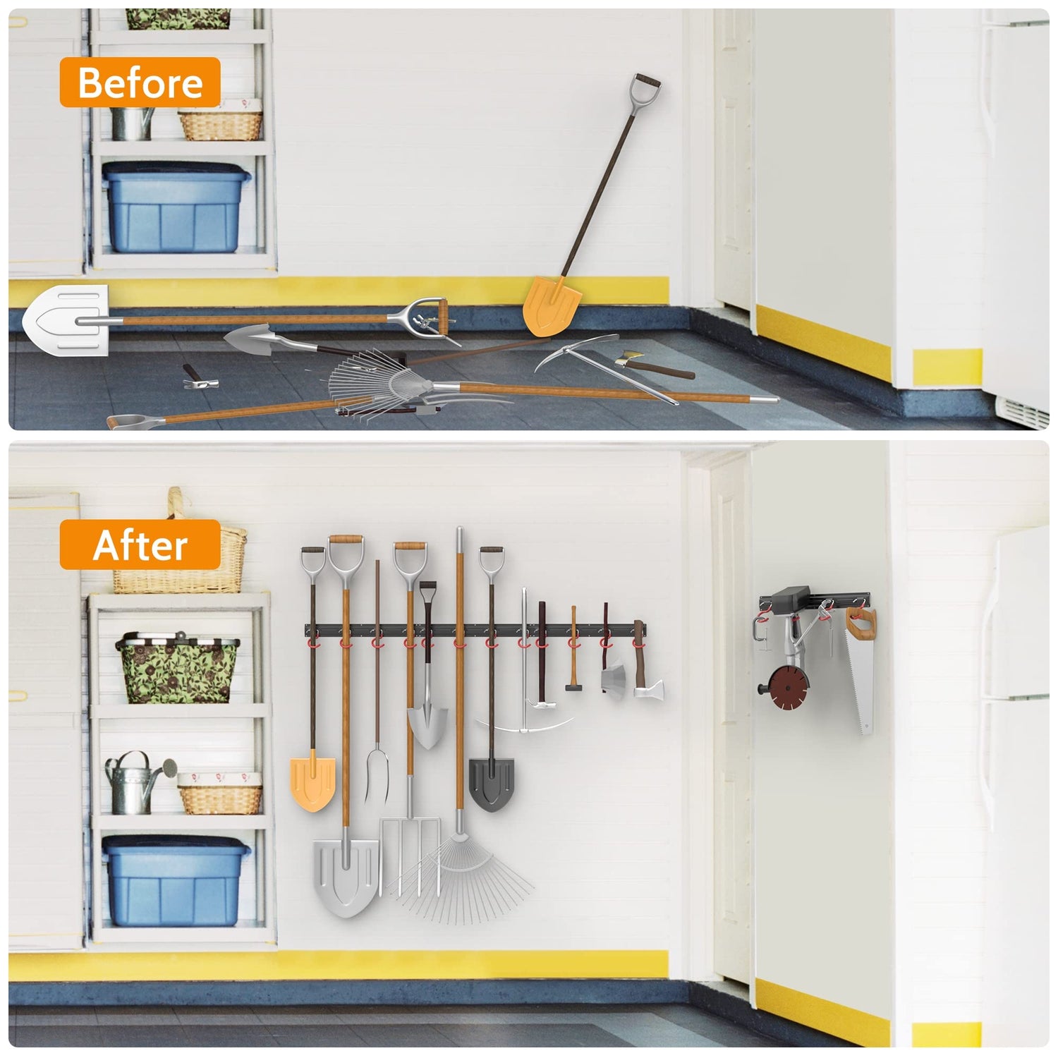 WALMANN All Metal 64 Inch Wall Mount Garden Tool Organizer for Garage, Mop and Broom Holder, Yard Tool Storage Rack for Rake, Shovel, Spade, Mop, WALMANN