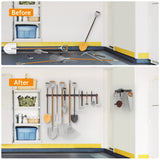 WALMANN All Metal 64 Inch Wall Mount Garden Tool Organizer for Garage, Mop and Broom Holder, Yard Tool Storage Rack for Rake, Shovel, Spade, Mop, WALMANN