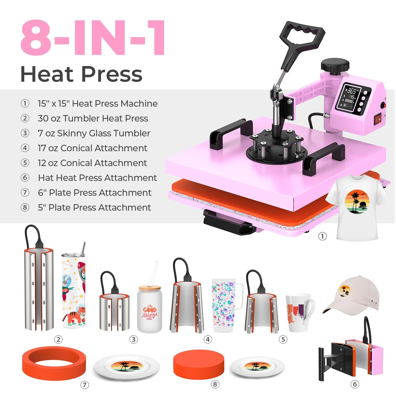 Pro 15x15 Heat Press with 30 OZ Tumbler Attachment, 8in1 Combo Tumbler Heat Press for T-Shirts, Tumblers Glass Cans Mugs Hats, and Plates (Pink) EnjoyColor