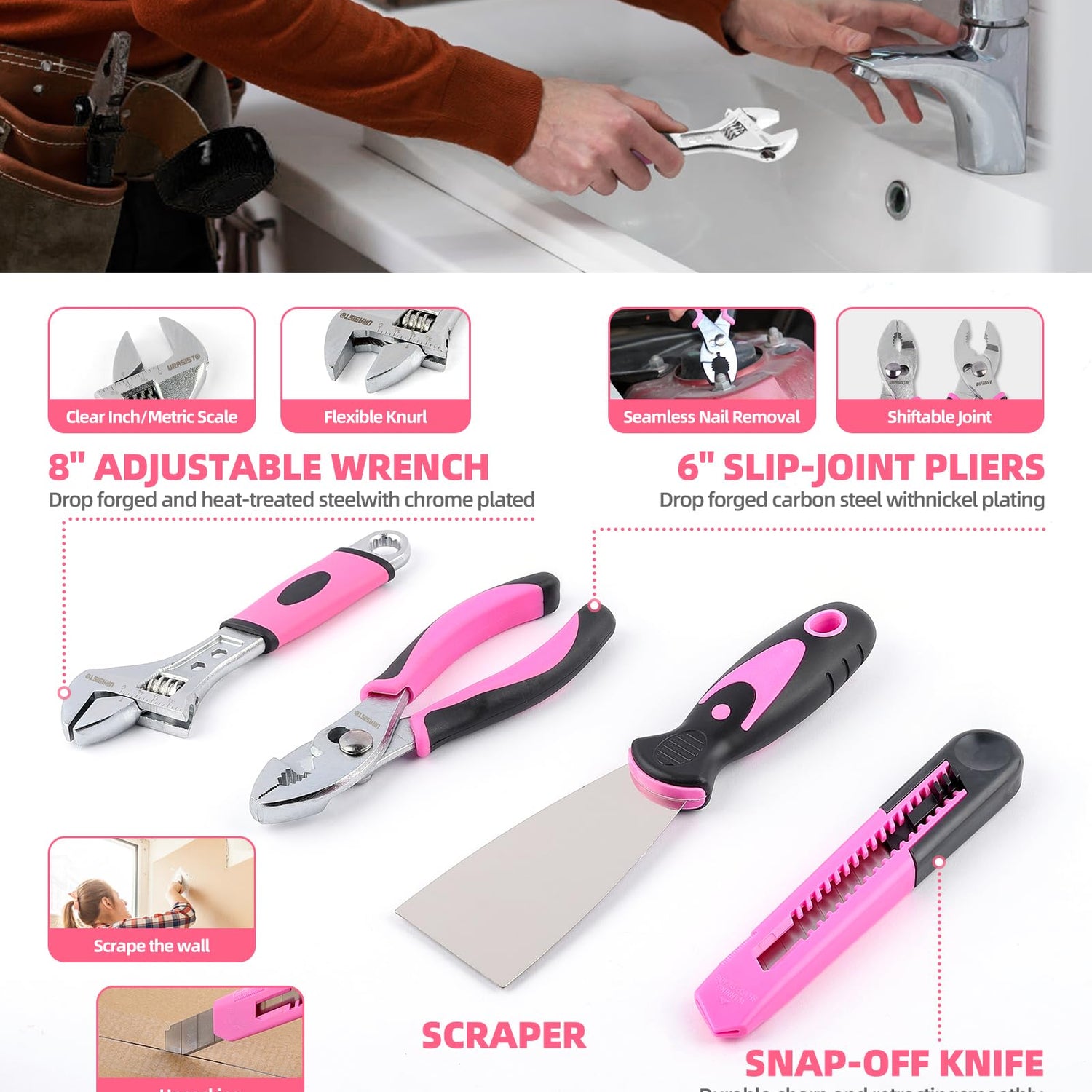 URASISTO Pink Household Tool Set with Drill, 136 PCS Home Tool Kit with 3.6V Cordless Lithium-ion Drill Driver, Hand Tool Kits for Women URASISTO