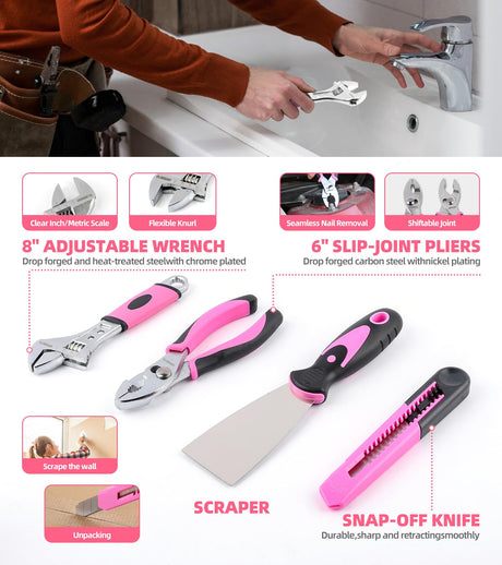 URASISTO Pink Household Tool Set with Drill, 136 PCS Home Tool Kit with 3.6V Cordless Lithium-ion Drill Driver, Hand Tool Kits for Women URASISTO