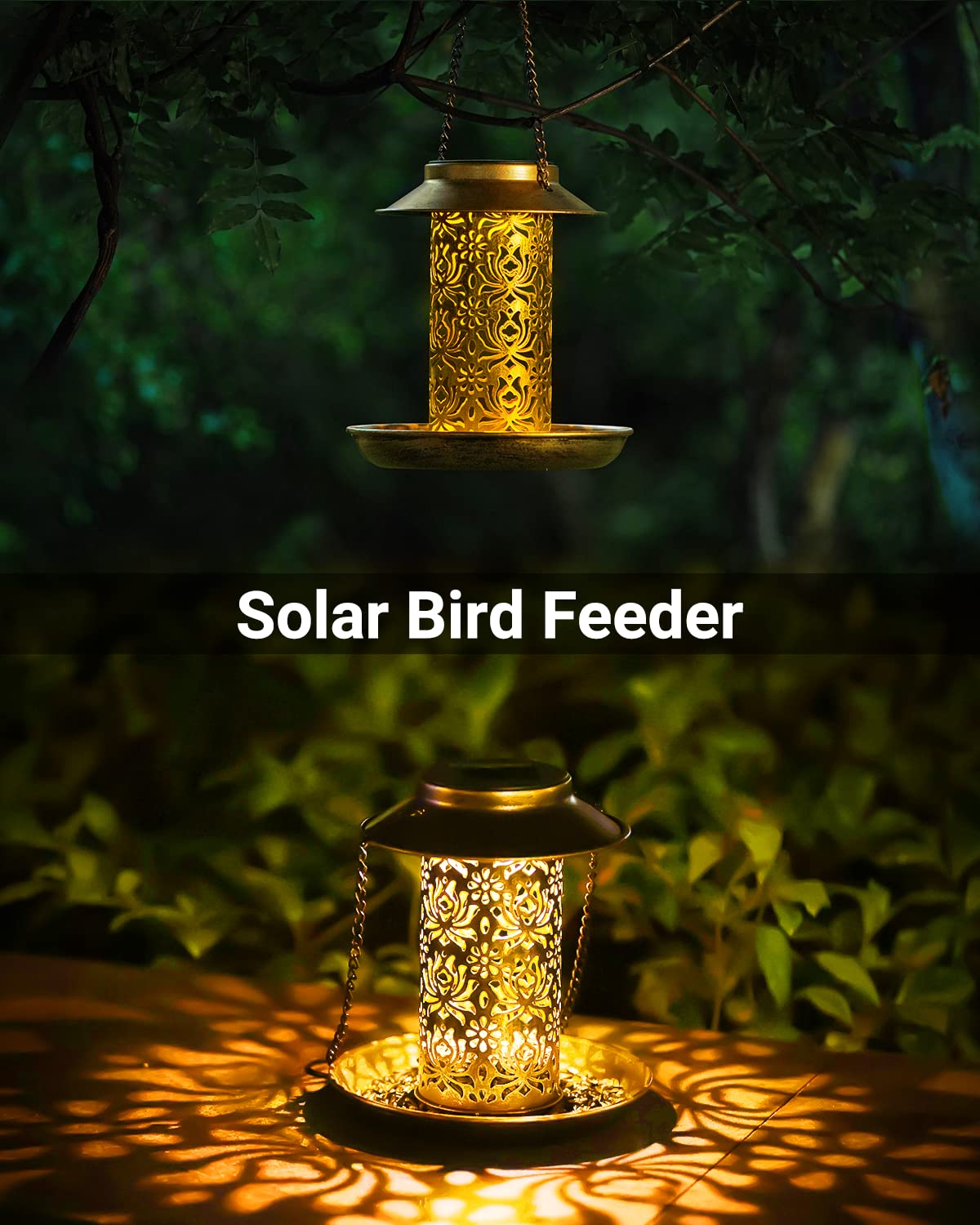 SWEETFULL Solar Bird Feeder for Outdoors Hanging, Metal Wild Bird Feeder for Cardinals Solar Garden Lantern with S Hook as Gift for Bird Lovers (2LBs SWEETFULL