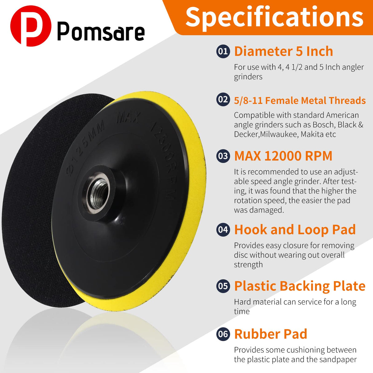 Pomsare 5 Inch Hook and Loop Backing Pad with 50PCS Sanding Discs, Angle Grinder Attachments with 5/8-11 Threads, Sanding Pad for Wood Sanding Pomsare