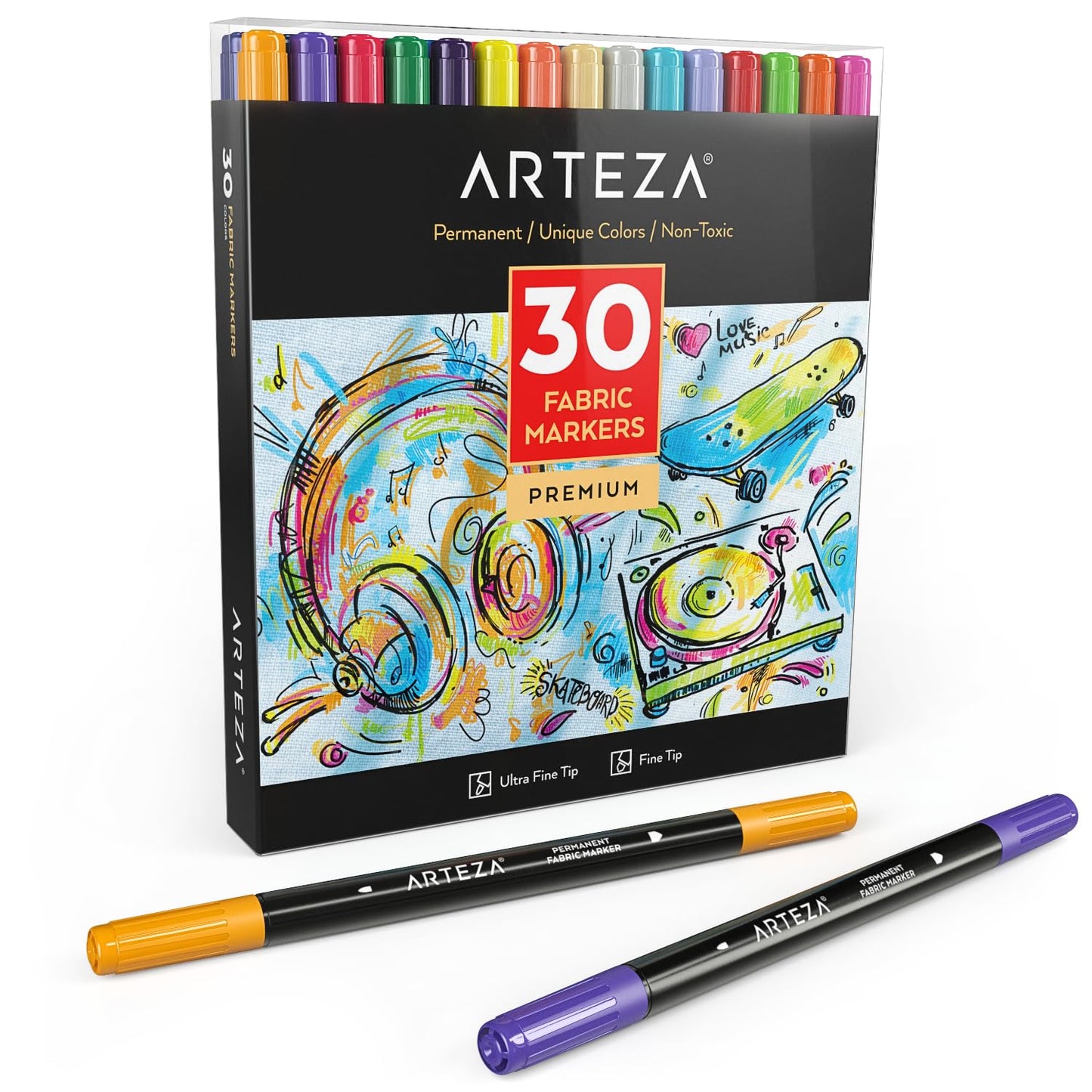ARTEZA Fabric Paint Markers, Set of 30, Permanent Dual-Tip Textile Marker, Assorted Colors, Art Supplies for Coloring T-Shirts, Jeans, Jackets, and