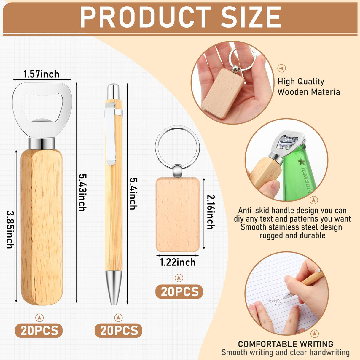 SiliFine 60 Pcs Laser Blanks Product Laser Engraving Material Kit Including DIY Wooden Blank Bottle Opener, Wooden Keychain, and Bamboo Pen for SiliFine