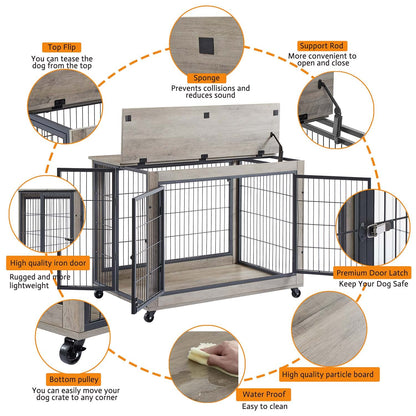 IchbinGo Dog Crate Furniture, Wooden Table, 38.5" Dog Kennel with 3 Doors, Flip-up Top Opening and Wheels, Decorative Pet Crate House for - WoodArtSupply