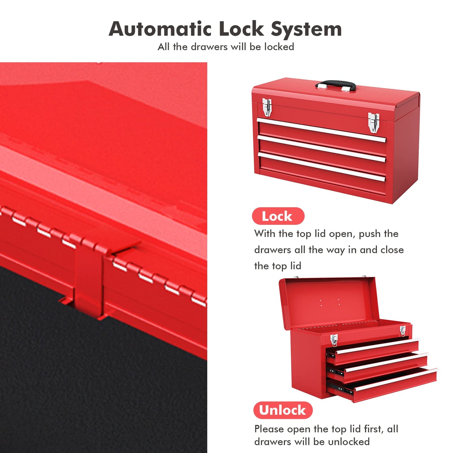 Goplus Tool Box with 3 Drawers, 20" Portable Tool Chest Organizer with Lock Latch & Liner for Garage Trunk Household, Powder Coated Steel, Red - WoodArtSupply