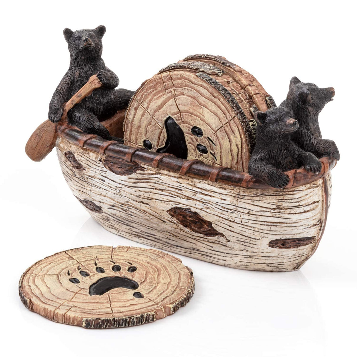 Bear Coasters Set – 6 Full Size Rustic Coasters in Handmade Canoe with Adorable Black Bear Figurines | Black Bear Log Cabin Decorations, Rustic Lodge Cabin Obsession