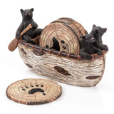 Bear Coasters Set – 6 Full Size Rustic Coasters in Handmade Canoe with Adorable Black Bear Figurines | Black Bear Log Cabin Decorations, Rustic Lodge Cabin Obsession