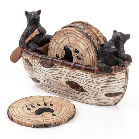 Bear Coasters Set – 6 Full Size Rustic Coasters in Handmade Canoe with Adorable Black Bear Figurines | Black Bear Log Cabin Decorations, Rustic Lodge Cabin Obsession