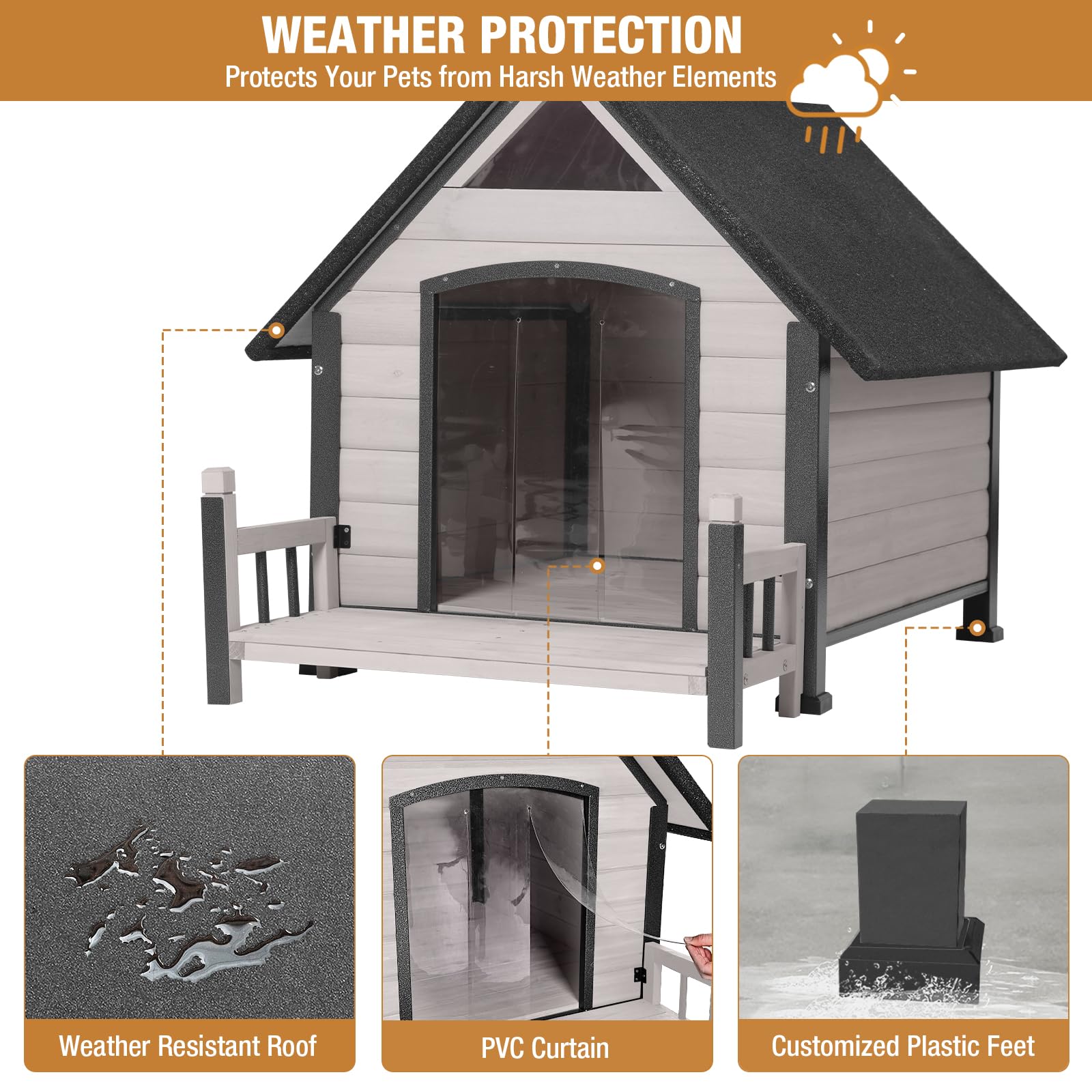 Dog House with Anti-Bite Metal Iron Frame Outdoor Wooden Dog Kennel Indoor Puppy Shelter for Small Medium Large Dogs Weatherproof(Off-White) - WoodArtSupply