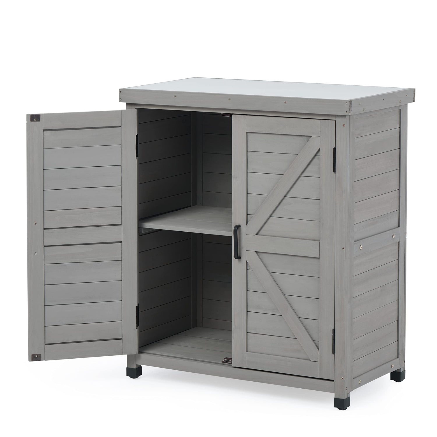 Outdoor Storage Cabinet & Potting Bench Table with Metal Top, Wooden Patio Furniture, Garden Workstation SoliWood