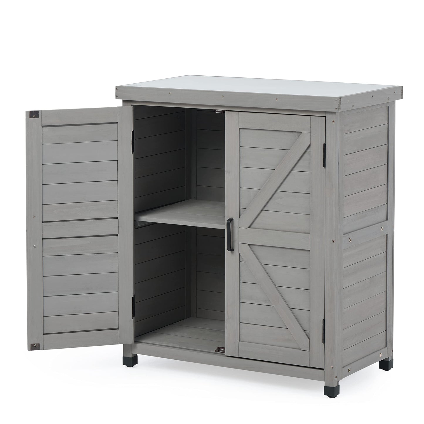 Outdoor Storage Cabinet & Potting Bench Table with Metal Top, Wooden Patio Furniture, Garden Workstation