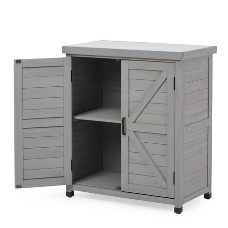 Outdoor Storage Cabinet & Potting Bench Table with Metal Top, Wooden Patio Furniture, Garden Workstation SoliWood