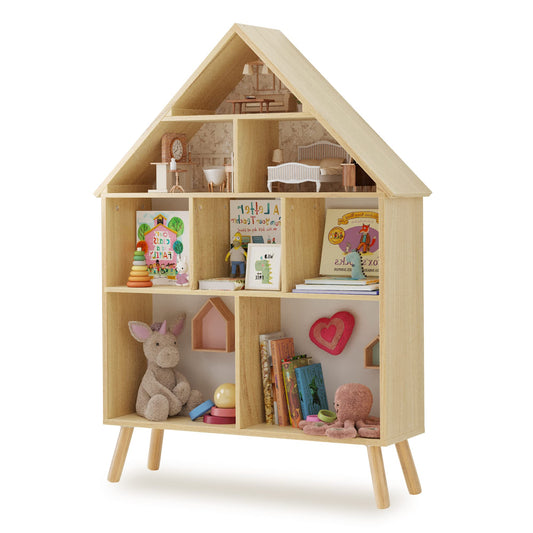 Curipeer Wooden Dollhouse Bookshelf for Kids - 4-Tier Storage Organizer in Natural Wood Finish - WoodArtSupply