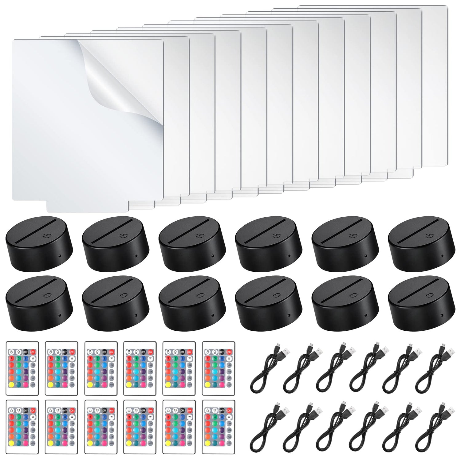 12 Pieces Clear Acrylic Sheets and 12 Pieces 3D Night LED Light Lamp Base with Remote Control and USB Cable, DIY Acrylic Lamp Base Set for Restaurant Riakrum