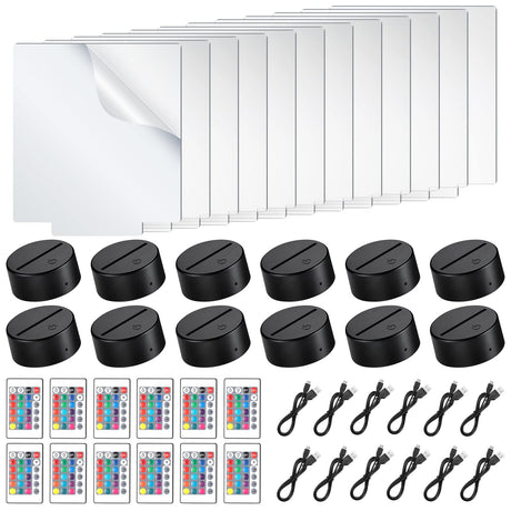12 Pieces Clear Acrylic Sheets and 12 Pieces 3D Night LED Light Lamp Base with Remote Control and USB Cable, DIY Acrylic Lamp Base Set for Restaurant Riakrum