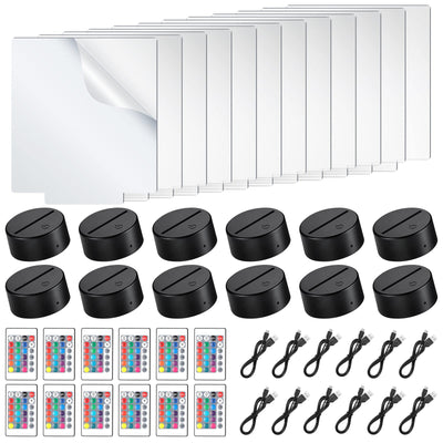 12 Pieces Clear Acrylic Sheets and 12 Pieces 3D Night LED Light Lamp Base with Remote Control and USB Cable, DIY Acrylic Lamp Base Set for Restaurant