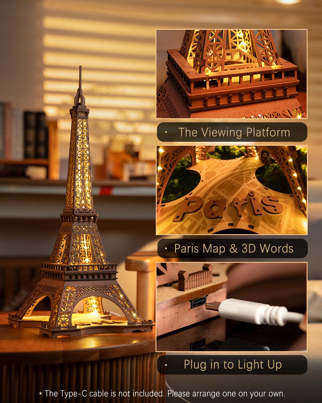 ROBOTIME 3D Puzzle for Adults DIY Model Building Kit with LED Light Wooden Eiffel Tower Craft Kit Architecture Toy Set Brain Teaser Gifts for Kids - WoodArtSupply