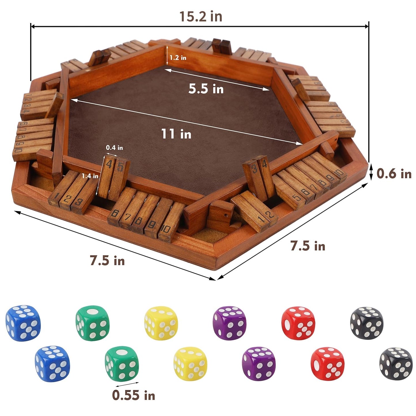 Juegoal Wooden Shut The Box Dice Game for 1-6 Players, Upgrade Tabletop Board Game with 12 Dice for Kids Adults Families, Classics Travel Portable
