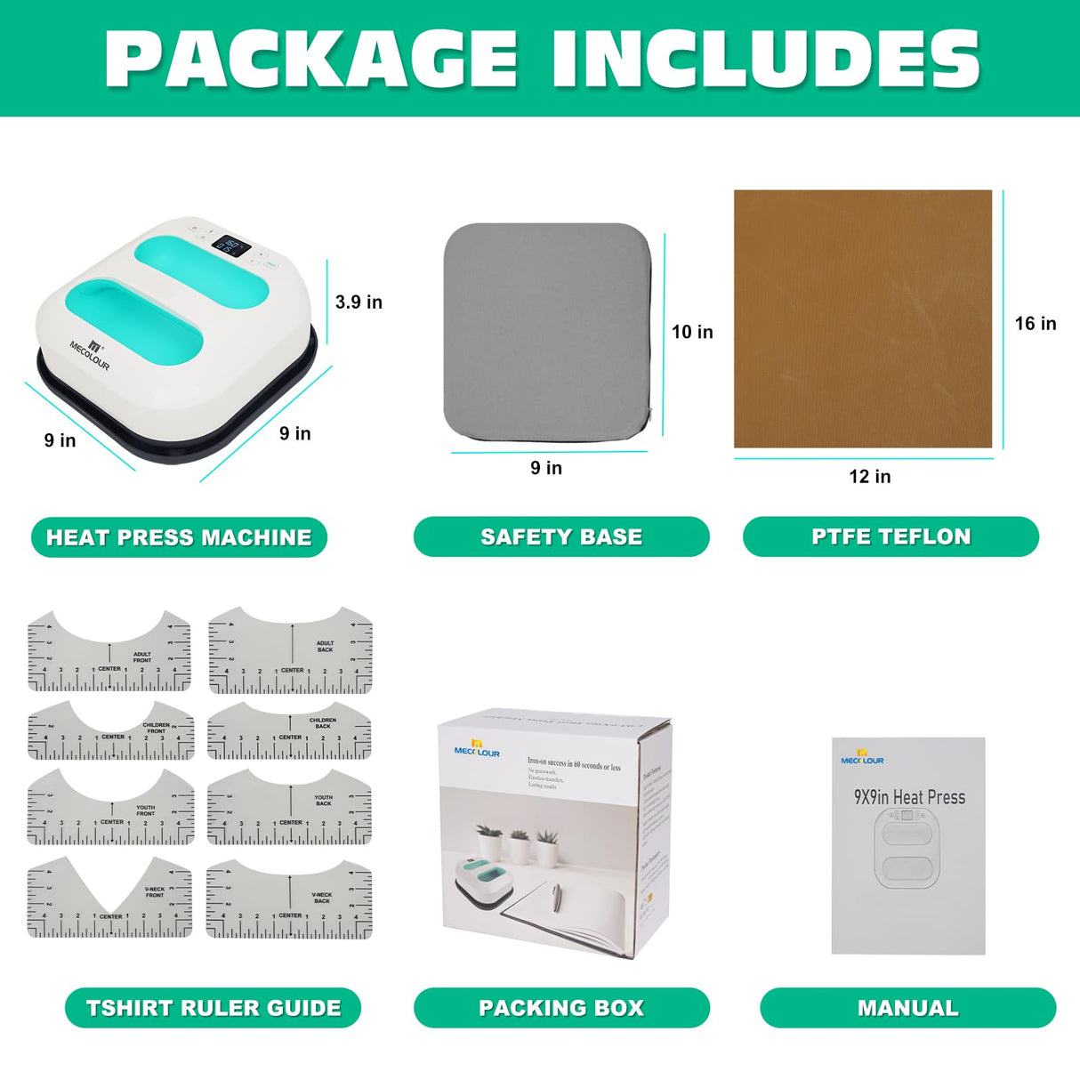 MECOLOUR Heat Press Machine for T Shirts, Portable Heat Press 9"X9" With Heat Press Mat, PTFE Teflon and 8 Pcs Tshirt Ruler Guide, Tshirt Press MECOLOUR