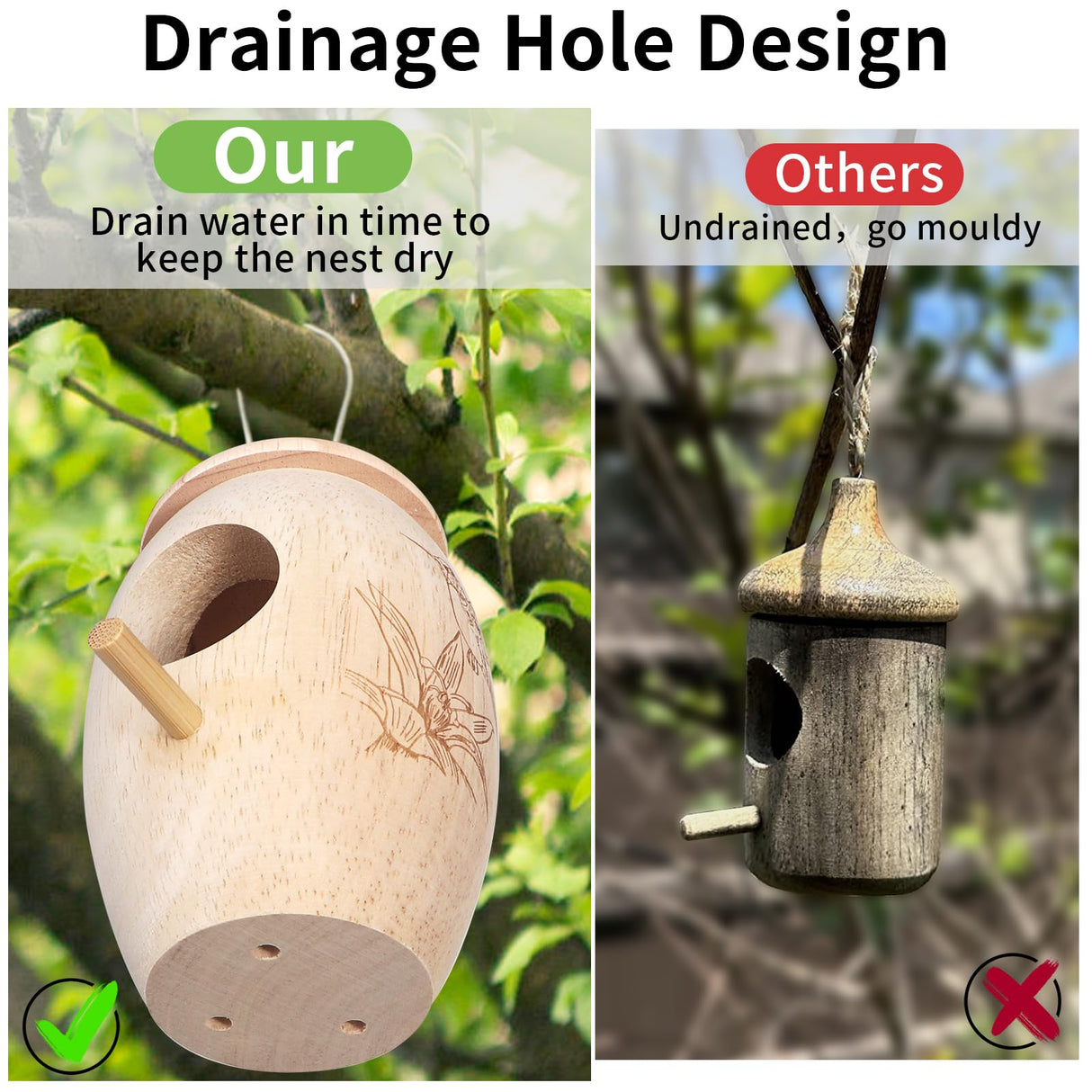 Hummingbird House, 2 PCS Wooden Hummingbird Houses for Outside for Nesting, Screwable Cover Hummingbird Houses with Red Ribbons, Gardening Gifts Home LOTKEY