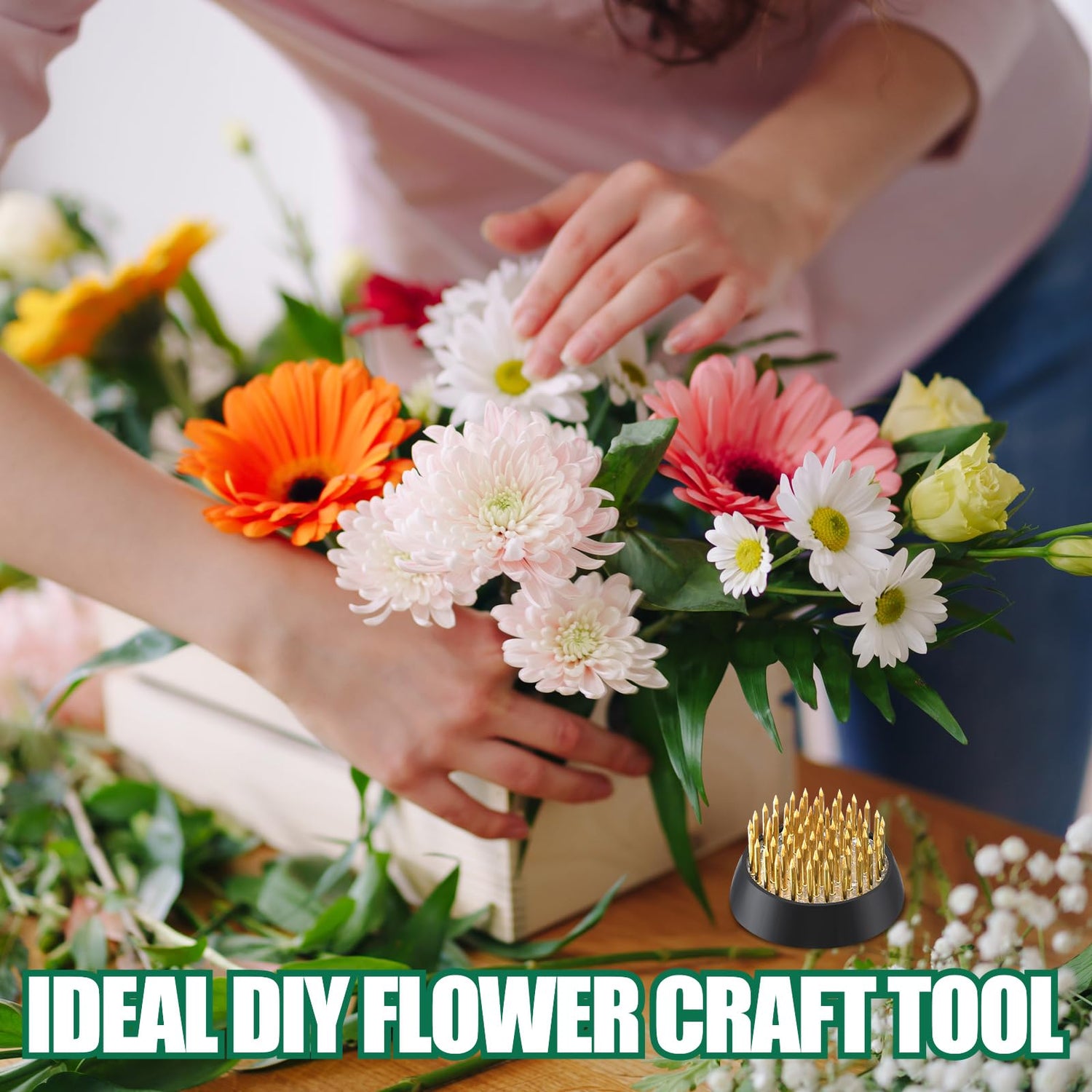 Sliner 8 Pcs Flower Frogs Round Brass Flower Holder Japanese Ikebana Vase Floral Frogs Flower Arranger Flower Fixed Tools Pin for Flower Arrangement Sliner