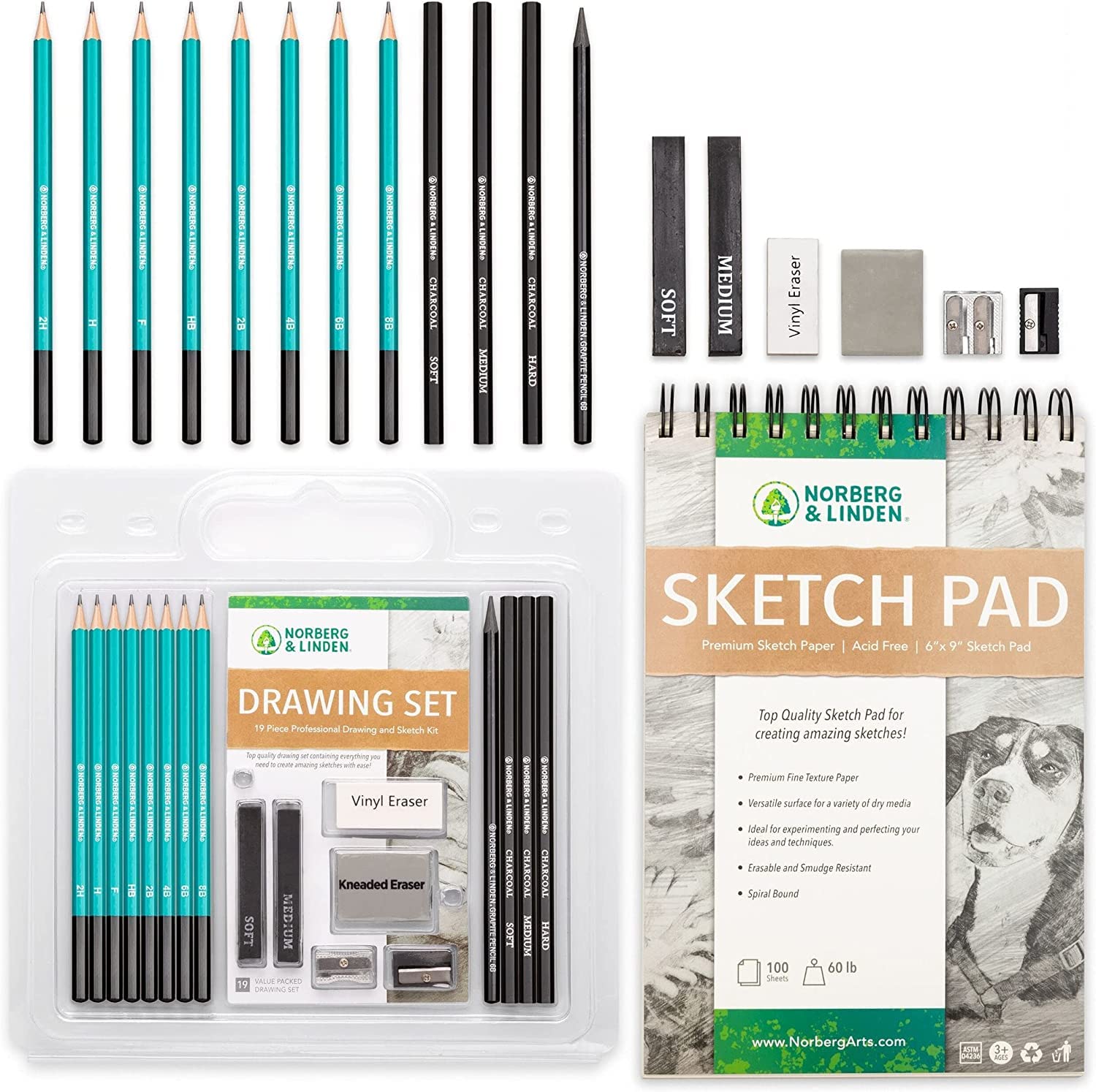 Norberg & Linden Drawing Set - Sketching and Charcoal Pencils - 100 Page Drawing Pad, Kneaded Eraser. Art Kit and Supplies for Kids, Teens and Adults - WoodArtSupply