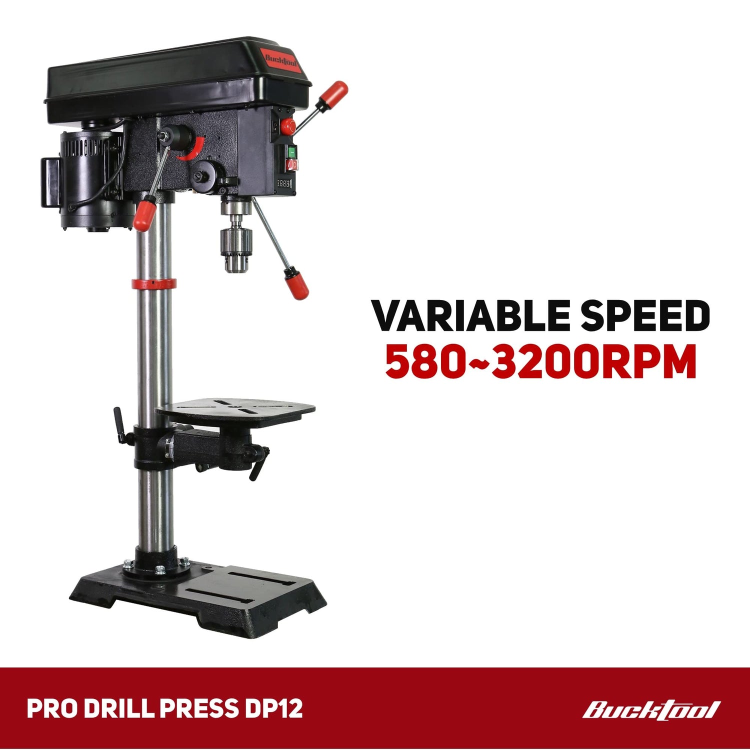 BUCKTOOL 12 INCH 6.2A Professional Bench Drill Press, 3/4HP Powerful Benchtop Drill Press, Variable Speed Drill Press with IIIA Laser and Work Light Bucktool