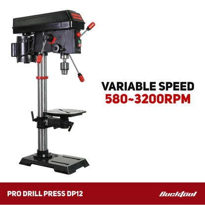 BUCKTOOL 12 INCH 6.2A Professional Bench Drill Press, 3/4HP Powerful Benchtop Drill Press, Variable Speed Drill Press with IIIA Laser and Work Light - WoodArtSupply