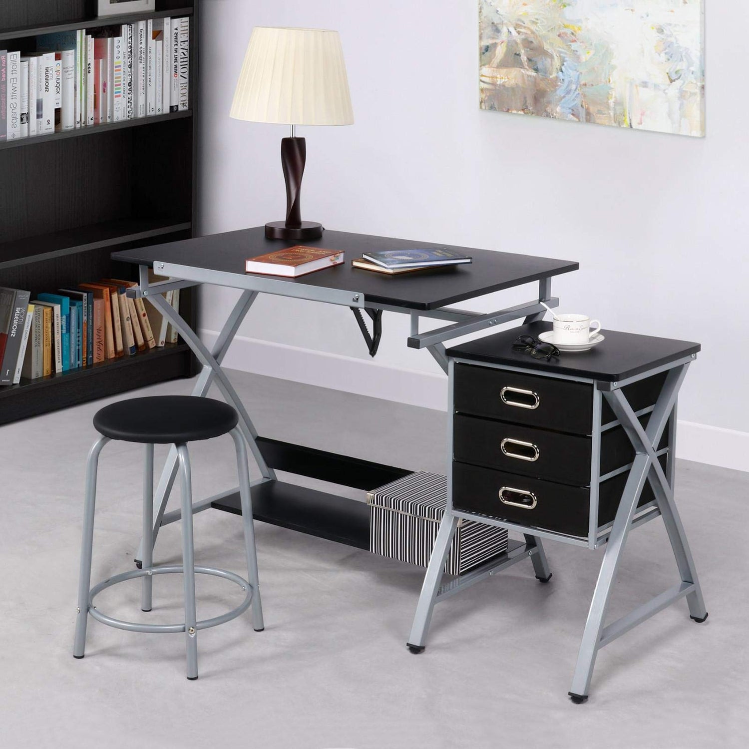 Topeakmart Drafting Tables, Draft Drawing Desk w/Stool and Tiltable Tabletop, 3 Storage Drawers, Reading, Writing Art Crafting Workstation, Black Topeakmart