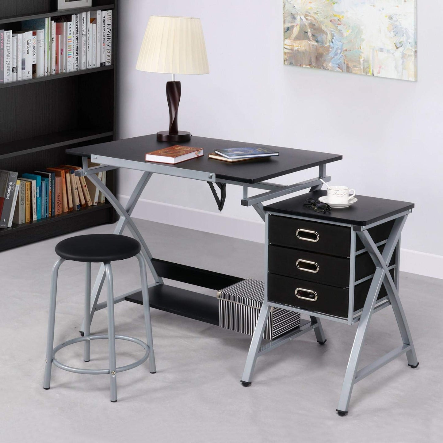 Topeakmart Drafting Tables, Draft Drawing Desk w/Stool and Tiltable Tabletop, 3 Storage Drawers, Reading, Writing Art Crafting Workstation, Black