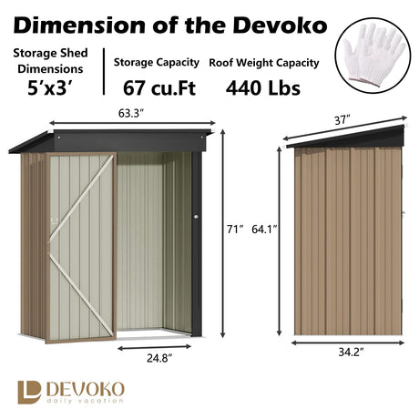 Devoko Outdoor Storage Shed 5 x 3 FT Lockable Metal Garden Shed Steel Anti-Corrosion Storage House with Single Lockable Door for Backyard Outdoor Devoko