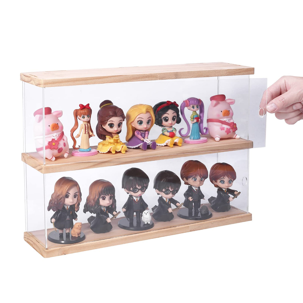 Clear Acrylic Display Shelf Case for Mini Funko Pop, Wooden Display Stand Riser 2 Layer Storage Rack for Decoration Action Figures Collectibles Toys, ELEpure