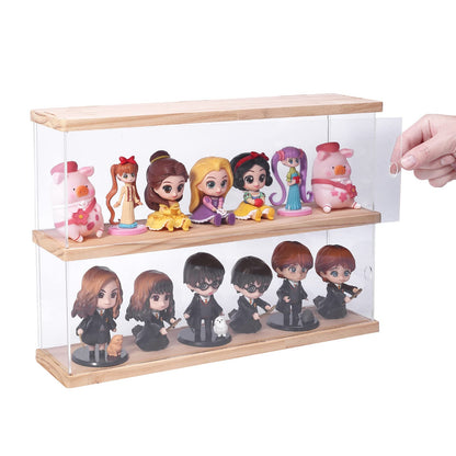 Clear Acrylic Display Shelf Case for Mini Funko Pop, Wooden Display Stand Riser 2 Layer Storage Rack for Decoration Action Figures Collectibles Toys,