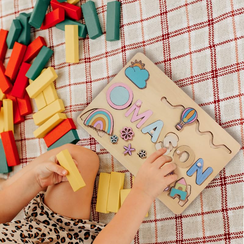 Personalized Name Puzzle - Montessori Busy Board - Wooden Custom Name Puzzle with Engraved Text on Back - Personalized Baby Gifts - 1st Birthday Gift - WoodArtSupply