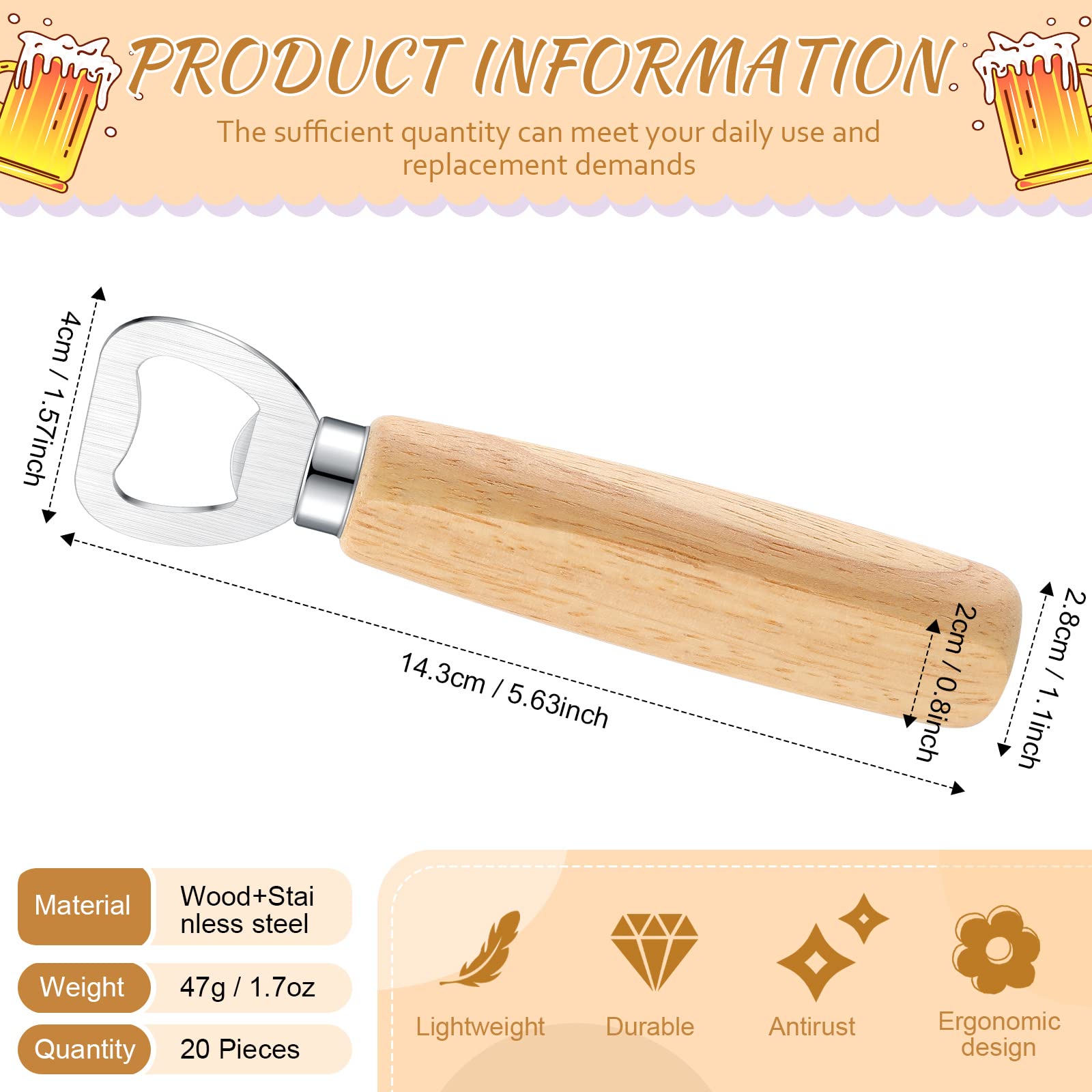 20 Pcs Stainless Steel Bottle Opener Bartender Wood Beer Opener Cider Wine Opener Bottle Opener with Wooden Handle Engraved Gift Set for Wedding - WoodArtSupply