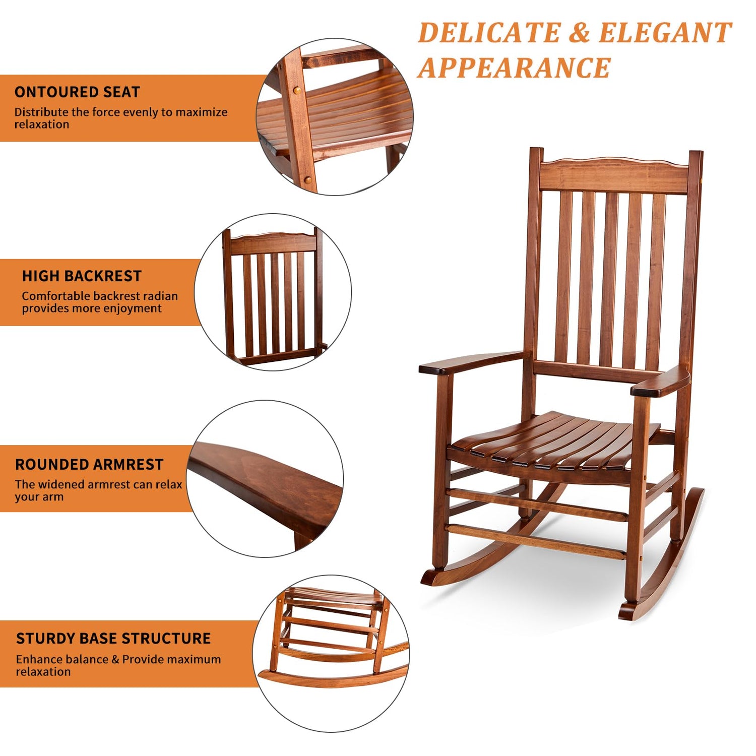 Outvita Outdoor Rocking Chair, Solid Wood High Back Rocker, All Weather Lounge Chair for Porch Patio Fire Pit Garden Backyard Deck Indoor, Wave Outvita