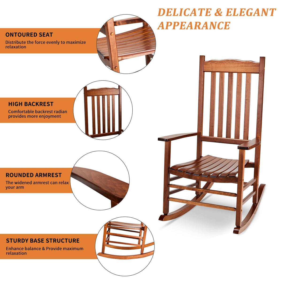 Outvita Outdoor Rocking Chair, Solid Wood High Back Rocker, All Weather Lounge Chair for Porch Patio Fire Pit Garden Backyard Deck Indoor, Wave Outvita