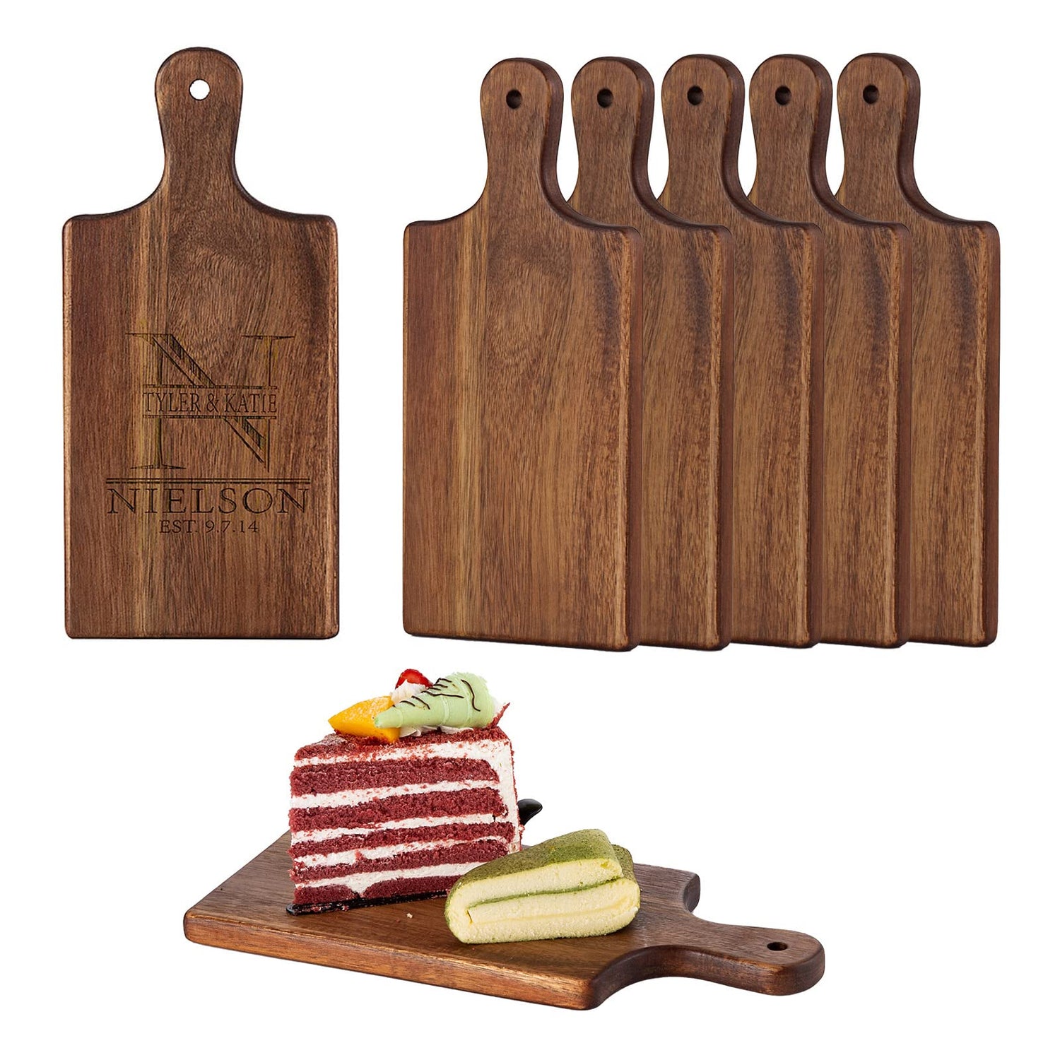 6 Pcs Personalized Acacia Cutting Boards with Handle, Wood Chopping Serving Board Set Bulk, DIY Engraving Gifts for Women Couples Wedding Anniversary SUNNOW